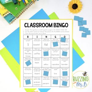 A bingo board with student questions and answers is placed on a blue and green background.