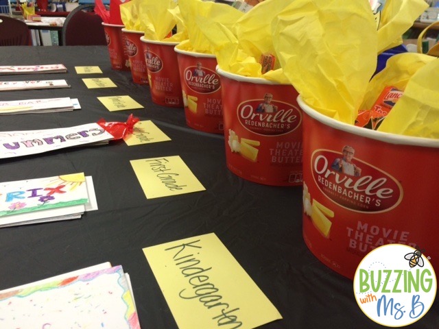A picture from a family literacy night event: popcorn prizes for our movie family literacy night candy bar station.