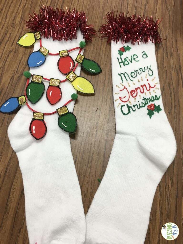 Holiday socks with a string of lights made for another teacher