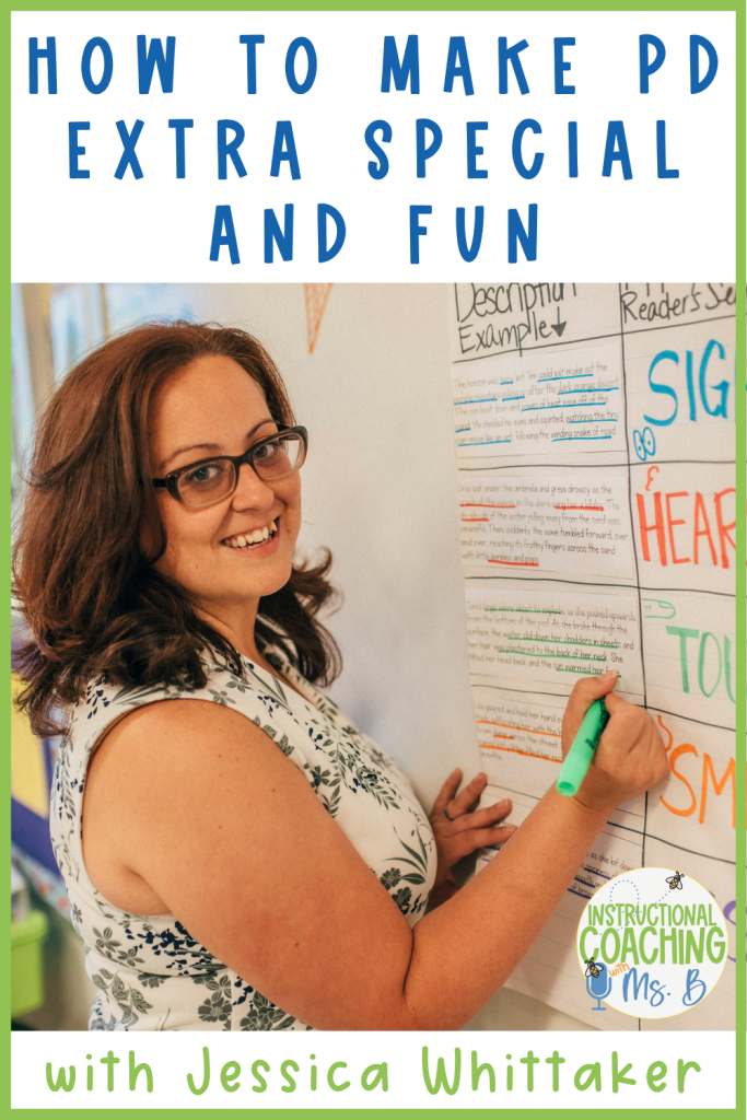 Chrissy Beltran in a school classroom writing on chart paper and smiling. These words are on the image: "How to Make PD Extra Special and Fun with Jessica Whittaker".