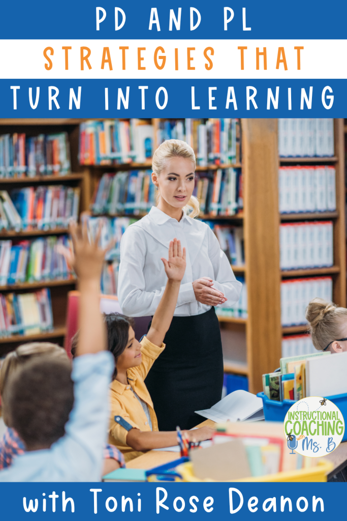 Teacher standing in a school library with students who are seated raising their hand. These words are on the image "PD and PL Strategies That Turn into Learning with Toni Rose Deanon",