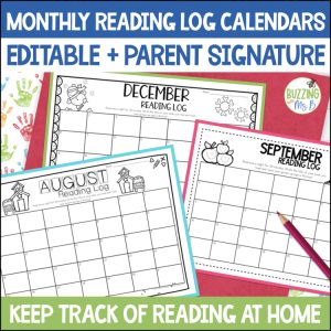 Monthly Editable Calendar Reading Logs - Simple Reading Logs - Parent Signature