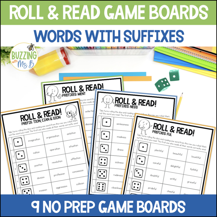Roll and Read Multisyllabic Words with Suffixes - Game Boards for 3rd, 4th + 5th