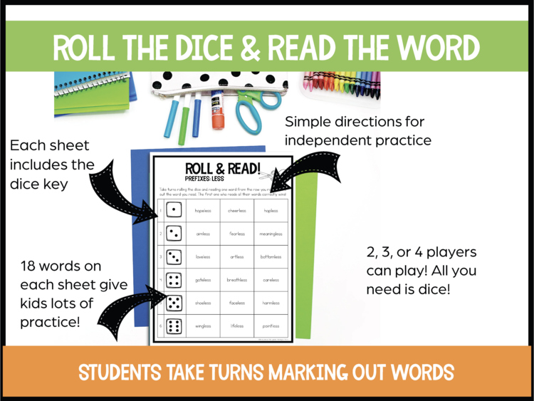 Roll and Read Multisyllabic Words with Suffixes - Game Boards for 3rd, 4th + 5th