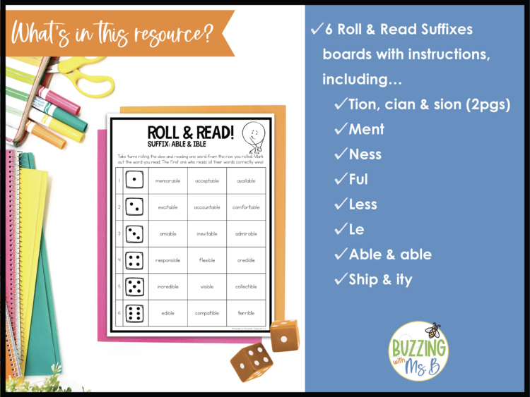 Roll and Read Multisyllabic Words with Suffixes - Game Boards for 3rd, 4th + 5th