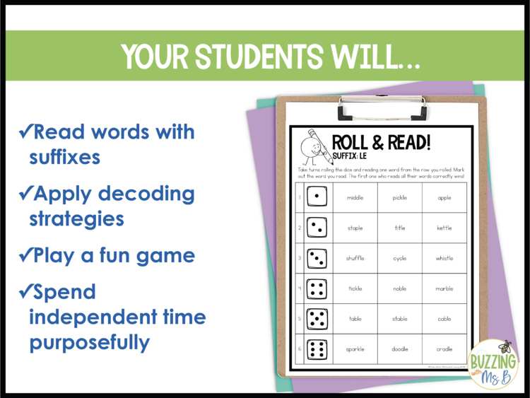 Roll and Read Multisyllabic Words with Suffixes - Game Boards for 3rd, 4th + 5th