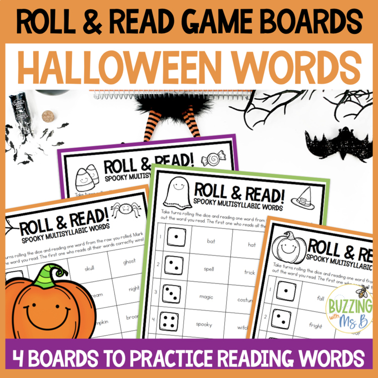 Halloween Roll and Read Multisyllabic Words Game Boards for 3rd, 4th + 5th grade