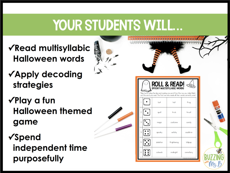 Halloween Roll and Read Multisyllabic Words Game Boards for 3rd, 4th + 5th grade