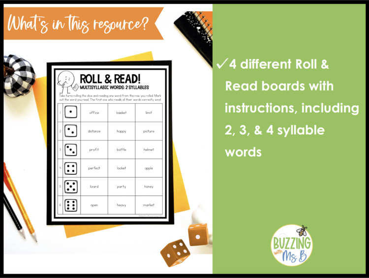 Halloween Roll and Read Multisyllabic Words Game Boards for 3rd, 4th + 5th grade