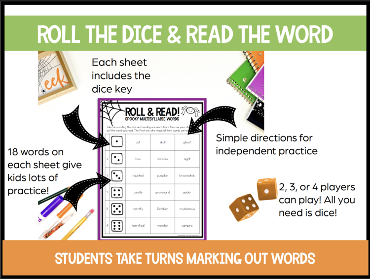 Halloween Roll and Read Multisyllabic Words Game Boards for 3rd, 4th + 5th grade