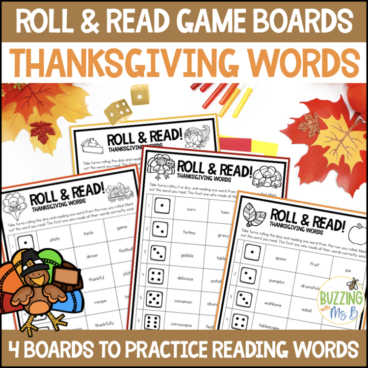 Thanksgiving Roll and Read Multisyllabic Words Game Boards -3rd, 4th + 5th grade