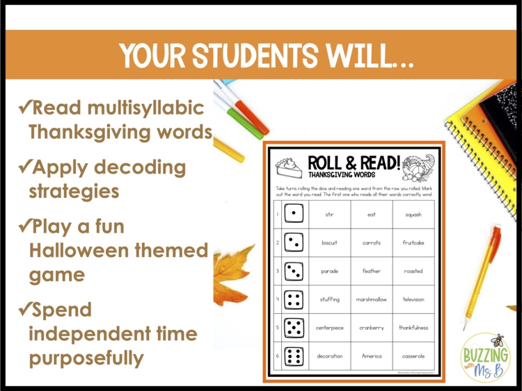 Thanksgiving Roll and Read Multisyllabic Words Game Boards -3rd, 4th + 5th grade