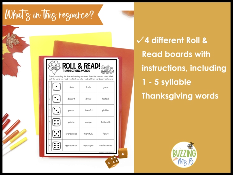 Thanksgiving Roll and Read Multisyllabic Words Game Boards -3rd, 4th + 5th grade