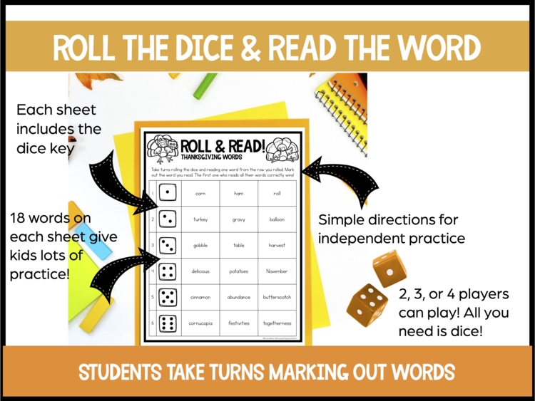 Thanksgiving Roll and Read Multisyllabic Words Game Boards -3rd, 4th + 5th grade