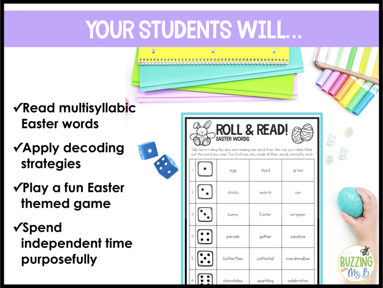 Easter Roll and Read Vocabulary - Multisyllabic Words Game Board