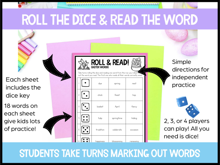 Easter Roll and Read Vocabulary - Multisyllabic Words Game Board