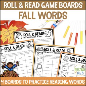 Fall - Autumn Roll and Read Vocabulary Activity - Multisyllabic Words Game Board