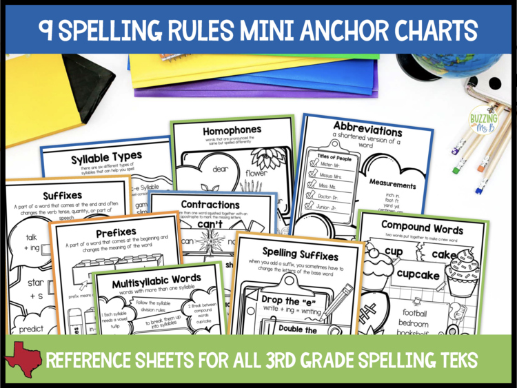 3rd Grade Spelling Rules Mini Anchor Charts - Multisyllabic Words Syllable Types