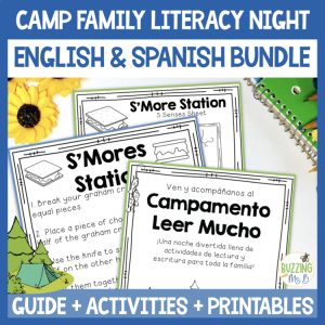 Camp Family Literacy Night Editable in English and Spanish - Reading + Writing